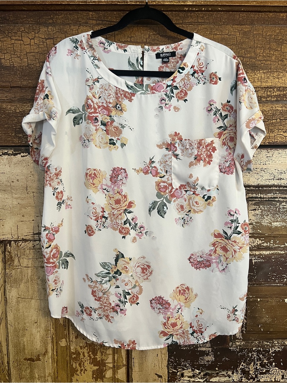 Buffalo David Bitton Floral Blouse | Sheer Chiffon Roll Tab Top | Size L